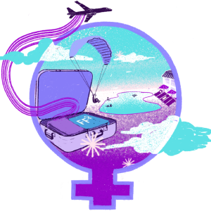 Female symbol depicting travel including a plane and a beach.